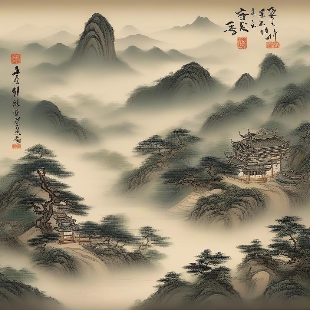 A serene traditional Chinese landscape painting depicting a scenic view with mountains, trees, and historical buildings set against a misty backdrop. The artwork embodies the rich cultural heritage of East Asian landscapes.