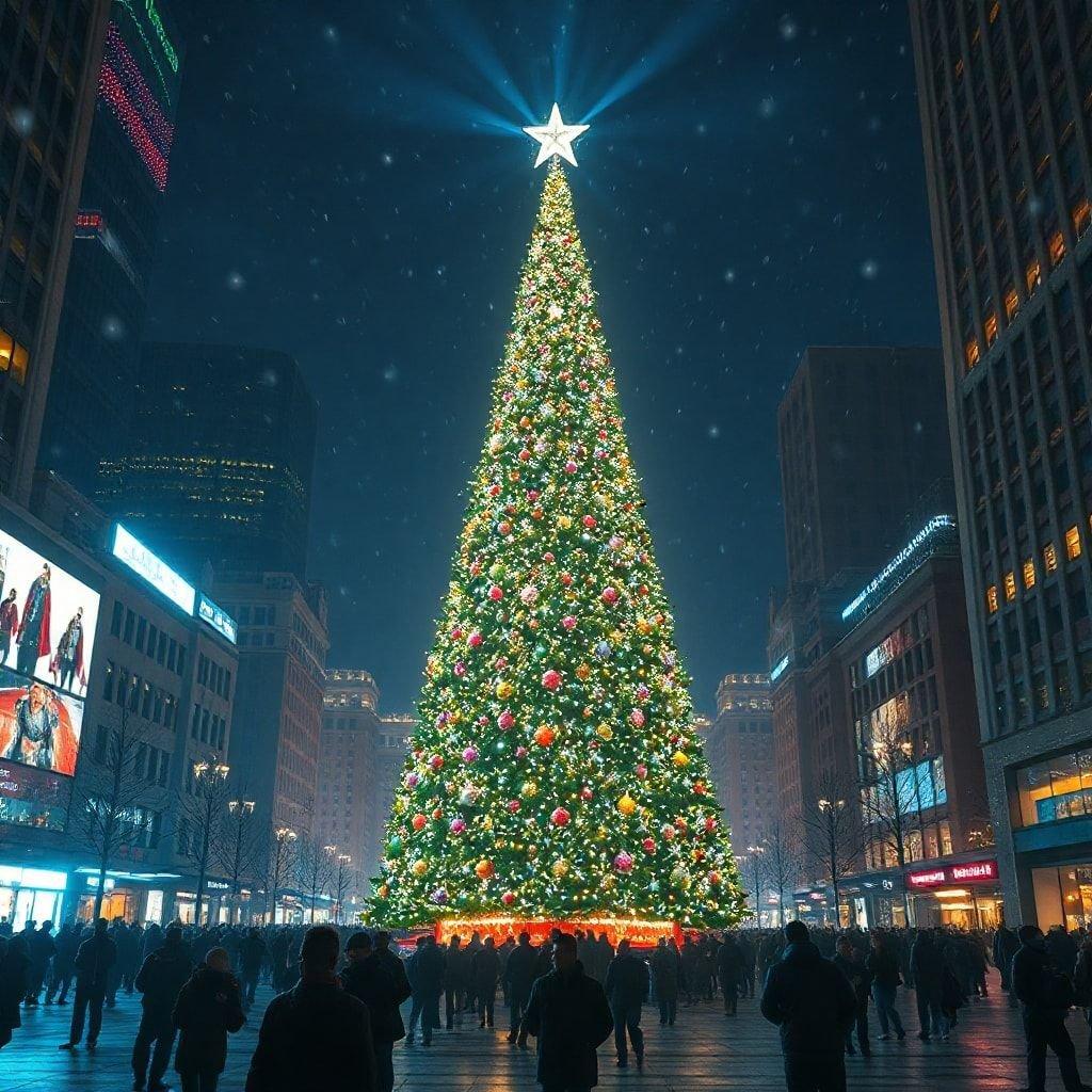 A bustling downtown street in the middle of winter, featuring a towering illuminated Christmas tree.