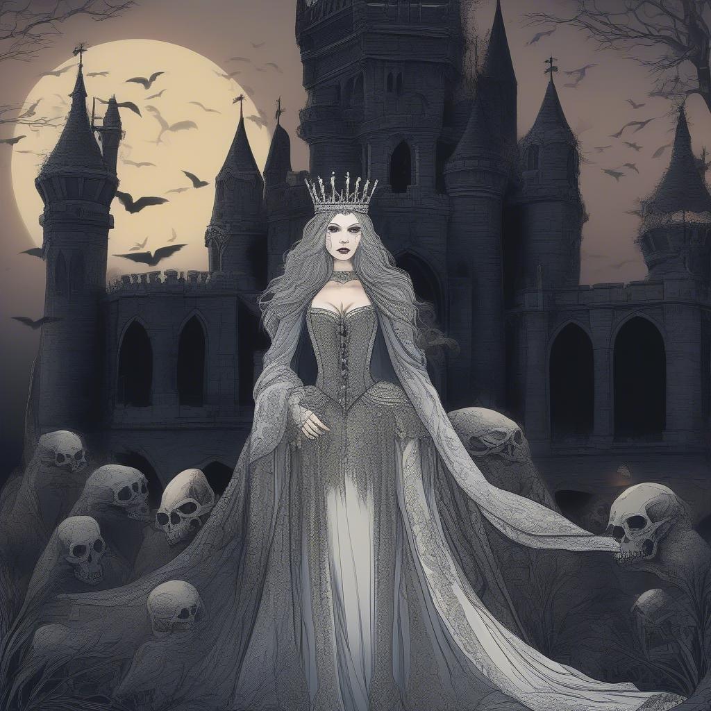 A fantastical artwork that captures an eerie vampire queen's domain. Her majestic presence is accentuated by her elaborate attire and a castle tower standing behind, all set against a dark, gothic backdrop. This digital illustration brings the viewer into a world of fantasy and mystery.