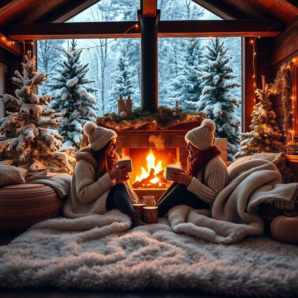 Dos mujeres disfrutando de una noche cálida y festiva junto a la chimenea, compartiendo historias y chocolate caliente.