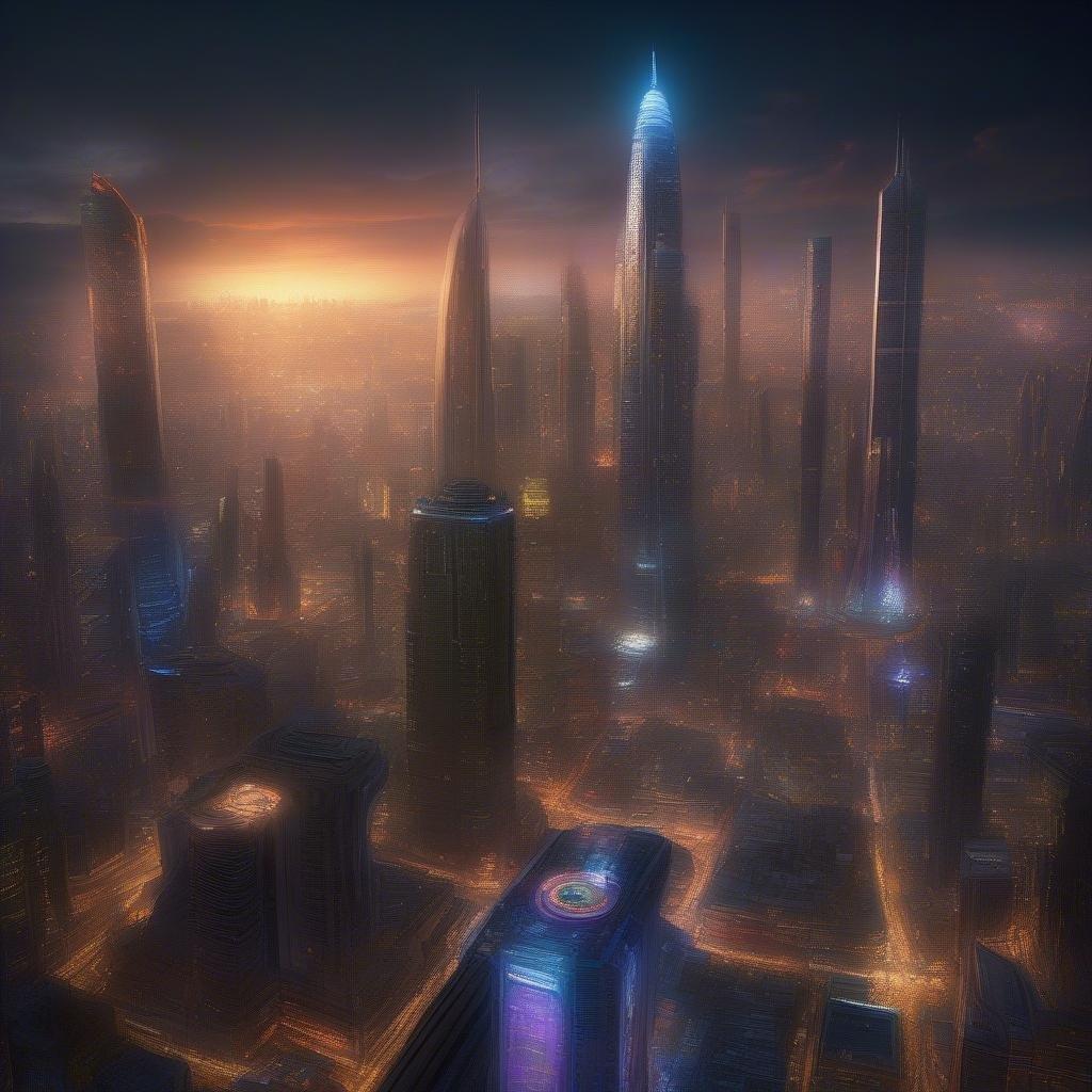 An enigmatic city skyline at dusk, with futuristic buildings reaching towards the twilight. The scene is bathed in soft, ambient light that adds to its otherworldly ambiance.