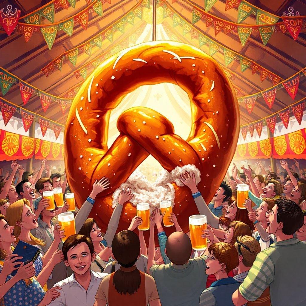 A festive scene at an Oktoberfest celebration where people are gathered to enjoy a massive pretzel, beer, and good company.