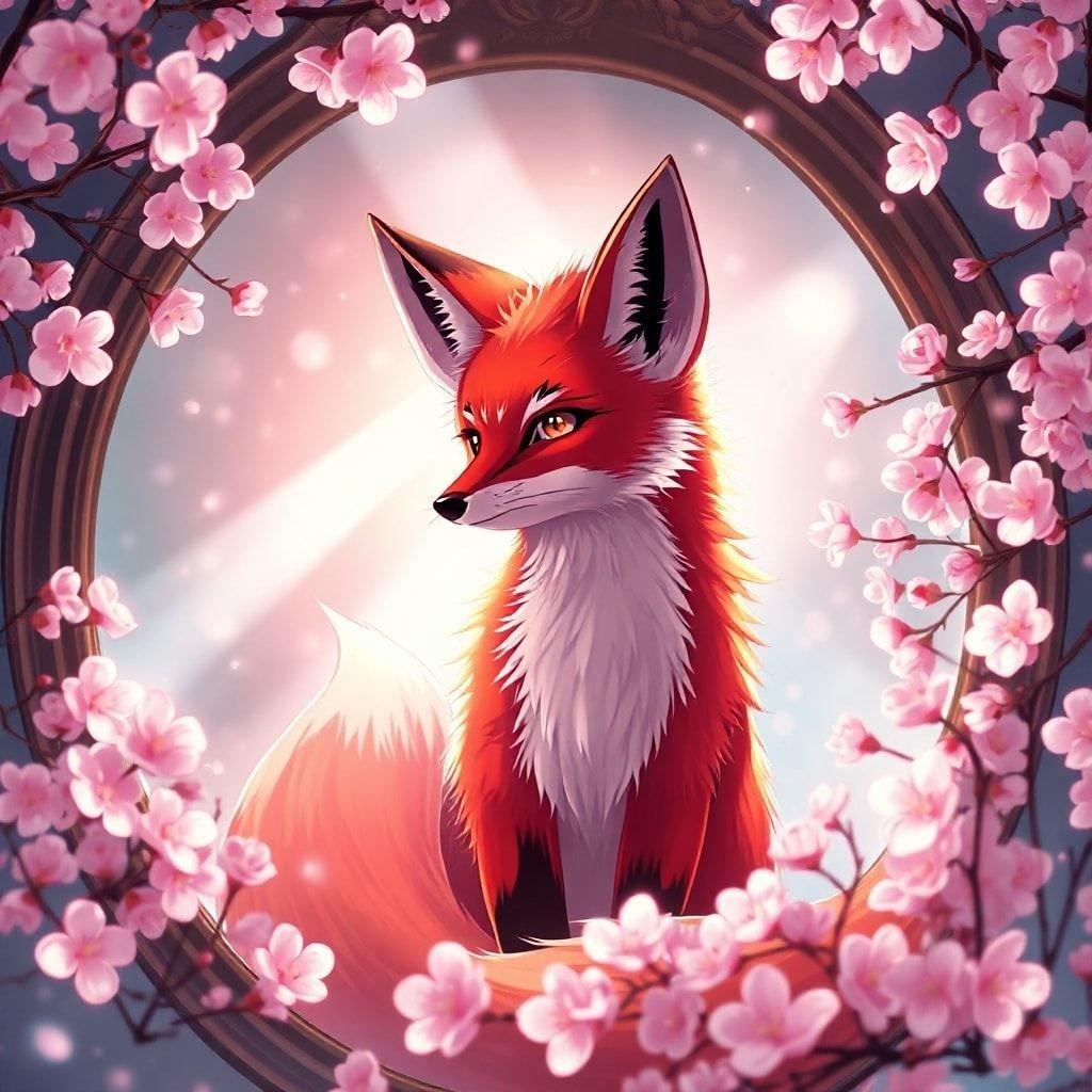 Lägg till en touch av magi till din skrivbord eller mobila enhet med denna fantastiska anime fox bakgrund. Råttan, med sin lysande röda päls och mystiska uttryck, står i en spegel omgiven av ett kalejdoskop av rosa körsbärsblommor, vilket skapar en verkligt förtrollande scen.