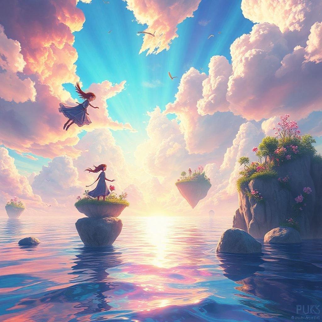 A fairytale-like scene with two young girls flying in a whimsical dreamland, surrounded by floating clouds and fantastical creatures under the warm glow of a radiant sun.