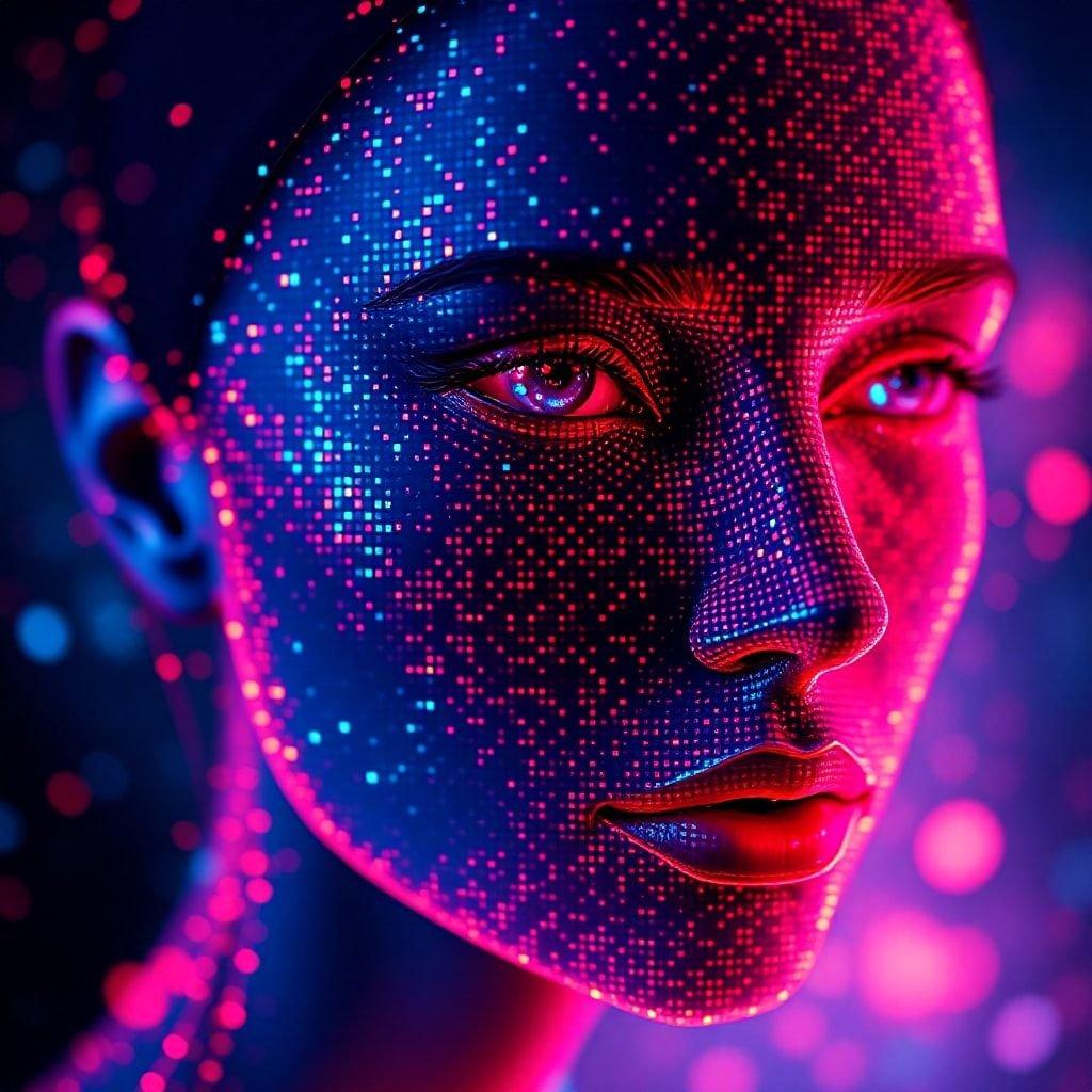 Stylize your tech with this vibrant digital avatar wallpaper. The futuristic blend of red, purple, and blue hues highlights the ethereal beauty of a cybernetic persona. Add an abstract touch to any screen.