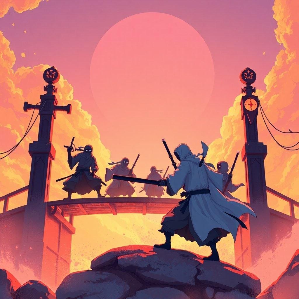 Get ready for an epic anime battle with this wallpaper featuring ghostly ninja warriors fighting across a haunted bridge. The warm orange and yellow hues create a mysterious atmosphere, while the intricate details of the bridge and the warriors' silhouettes make for a stunning visual.