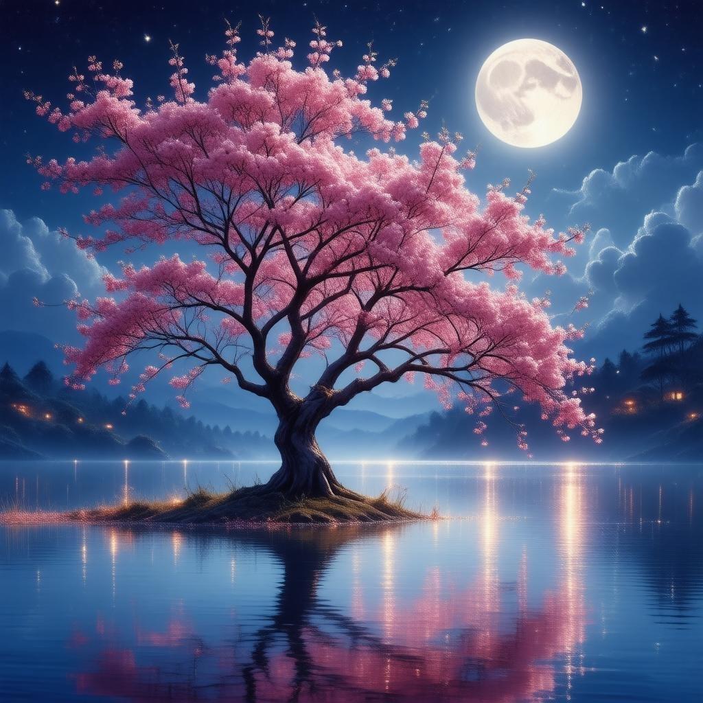 A stunning anime-style image of a cherry blossom tree in full bloom, set against the serene backdrop of a Japanese lake at night. The tree's vibrant pink blossoms are illuminated by the soft glow of the moonlight, creating a breathtaking scene that captures the beauty of nature.