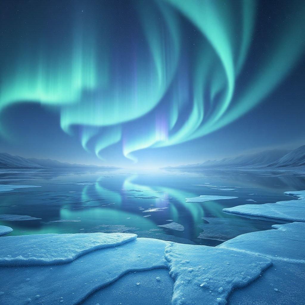 Witness the breathtaking beauty of the aurora borealis dancing across the night sky above ice floes. This stunning image captures the ethereal glow of the northern lights illuminating the frozen landscape, creating a surreal and otherworldly scene.