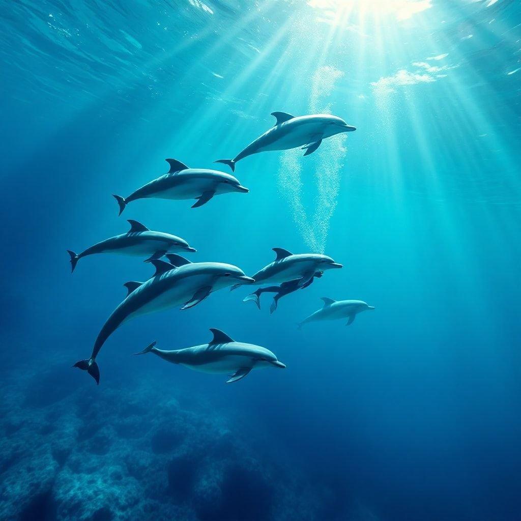 Ce magnifique fond d'écran capture la grâce et la beauté des dauphins nageant dans l'océan. L'image est parfaite pour quiconque aime l'océan et ses habitants.