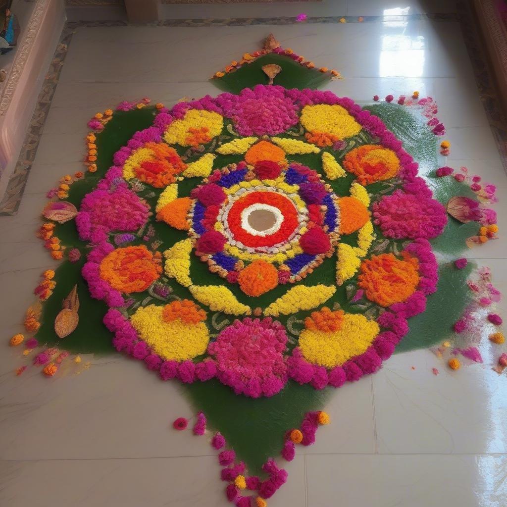 This image is a beautiful representation of a traditional Diwali rangoli, a colorful and intricate design made from flowers, rice, and other natural materials. The design is symmetrical and features a variety of colors and patterns, including yellow, orange, pink, blue, and green.