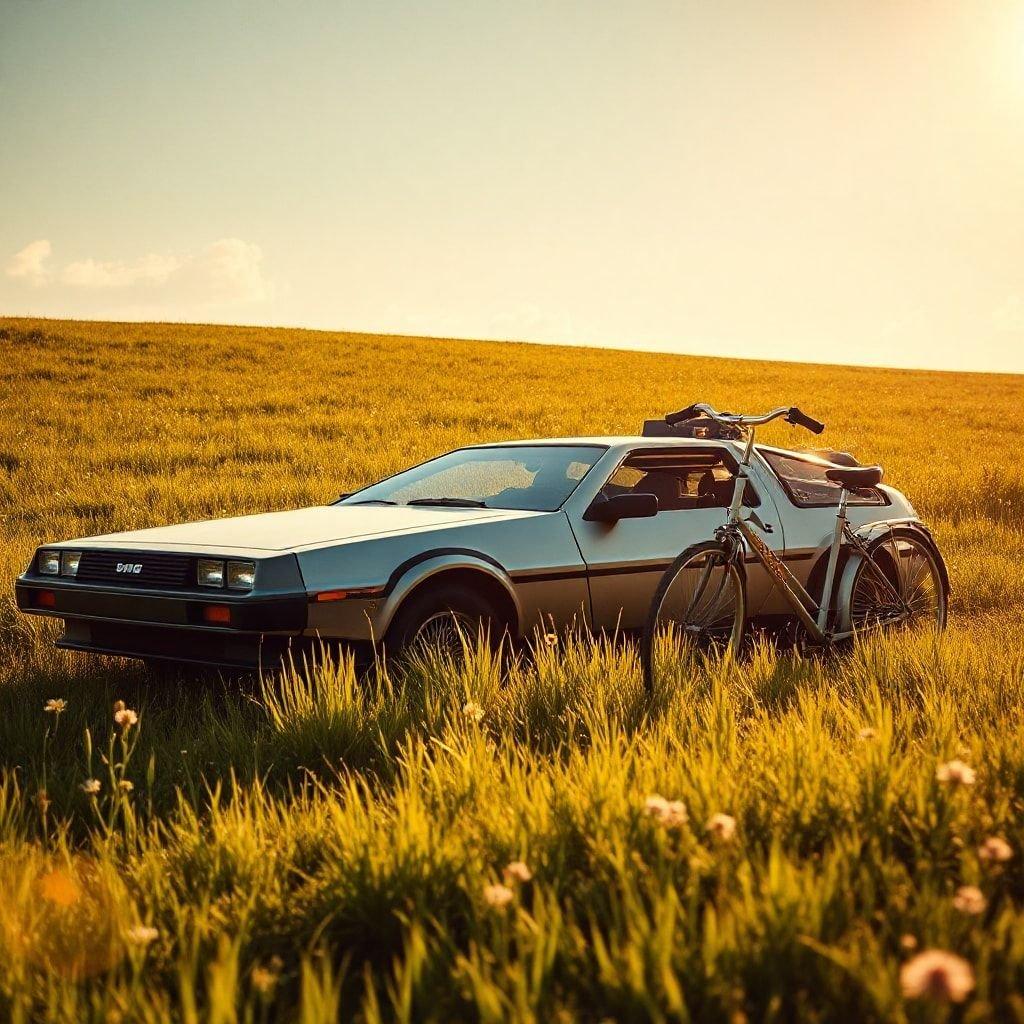 Этот потрясающий обои изображает автомобиль DeLorean, ставший знаменитым благодаря серии фильмов 'Назад в будущее', припаркованный на живописном поле, в сопровождении велосипеда, вызывая чувство приключения и ностальгии.