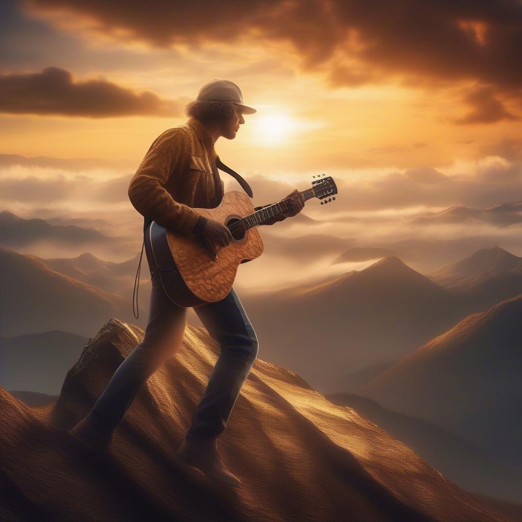 A musician plays his guitar, capturing the tranquility and beauty of a mountain sunrise.