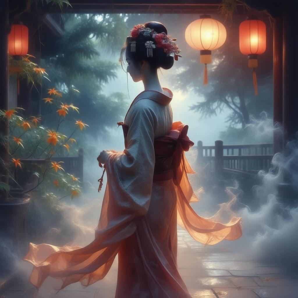 Step into a world of mystery and tranquility with this anime-inspired wallpaper. A ghostly geisha is seen in a haunted tea house, her kimono fluttering like a leaf. The vibrant scene, with its mysterious atmosphere, captures a moment of serenity, with the geisha's stance hinting at an anime-style activity.