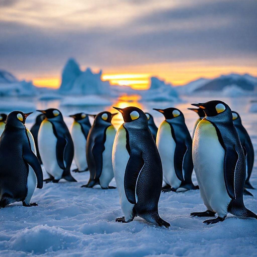 This stunning wallpaper features a group of penguins standing on the ice, with the sun setting in the background. The penguins are the main focus of the image, and they are depicted in a natural and serene setting. The sunset adds a touch of warmth and color to the image, making it a beautiful and eye-catching wallpaper.