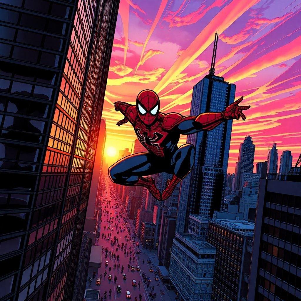 Sinta a emoção enquanto o Homem-Aranha voa pela imponente silhueta da cidade ao pôr do sol. Uma história de aventura urbana de um lançador de teias.