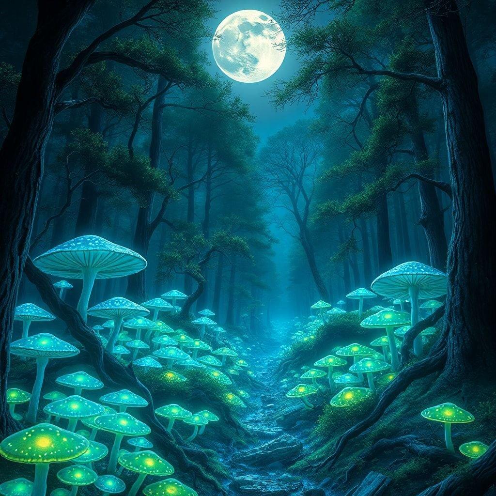 Walk along the mystical trail in a forest bathed in moonlight, where fairies whisper secrets to those who listen. Stroll among trees adorned with magical mushrooms that glow under the silvery moon, and find yourself lost in a world of fantasy.