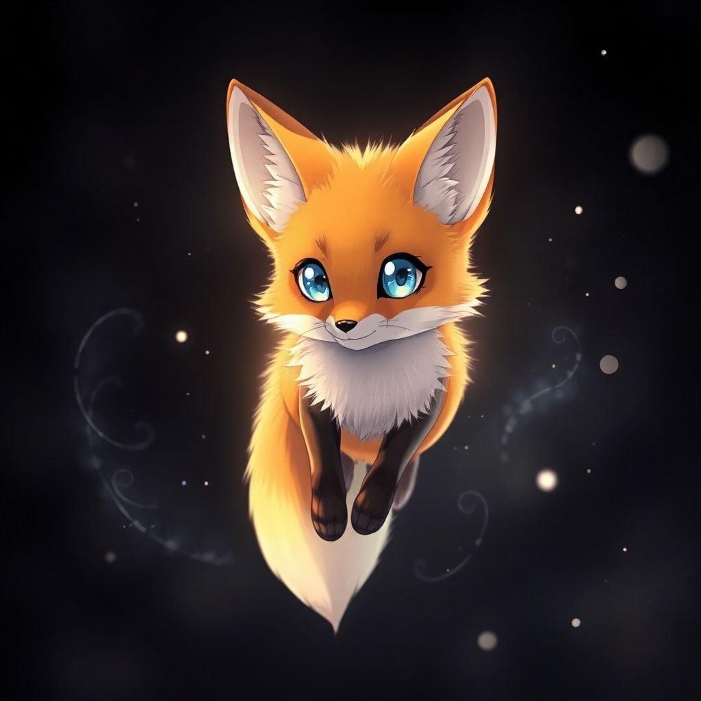 This stunning anime illustration features a vibrant orange and yellow fox set against a dark background, creating a striking contrast. The fox's large eyes and piercing blue eyes are the focal point of the image, drawing the viewer's attention.