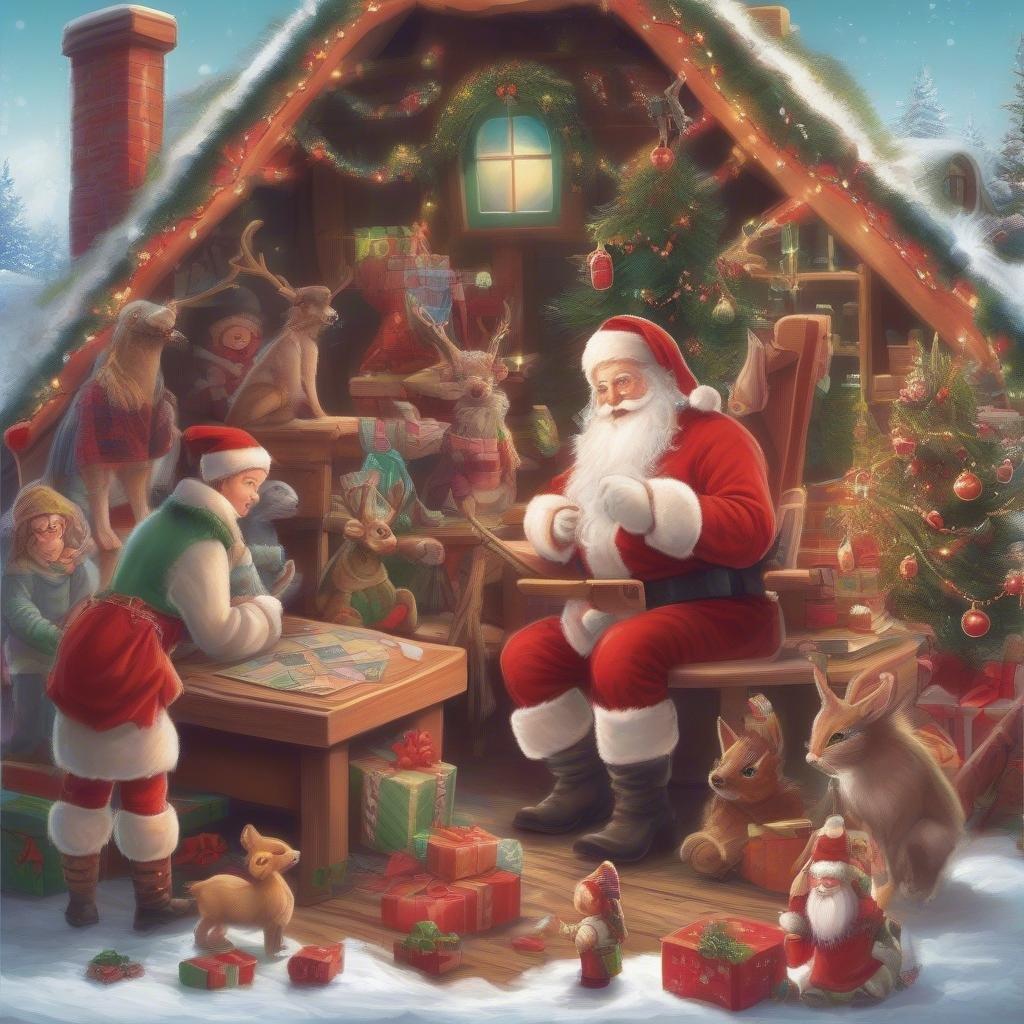 This festive wallpaper captures the joyous spirit of Christmas with Santa Claus and his elves surrounded by a cozy cabin setting. Watch out for Santa's sly grin as he shares the cheer with his little helpers. This image is perfect for bringing some holiday warmth to your desktop or mobile device.