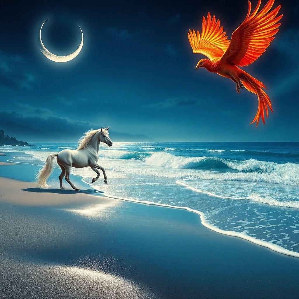 A magical scene on the beach with a unicorn galloping along the shoreline as the moon sets.