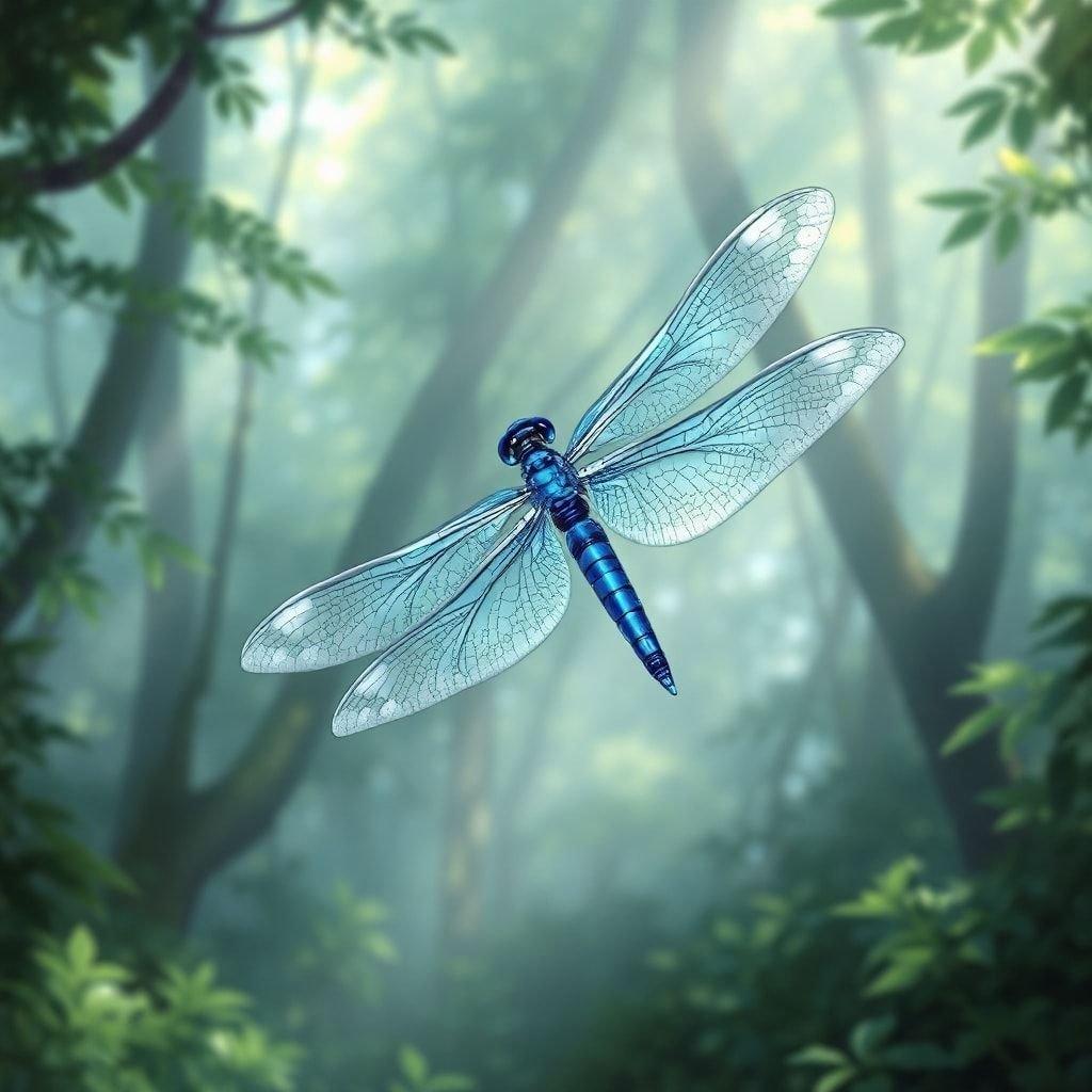 A serene and mystical scene featuring a dragonfly in flight amidst a misty forest, perfect for desktop and mobile wallpapers.