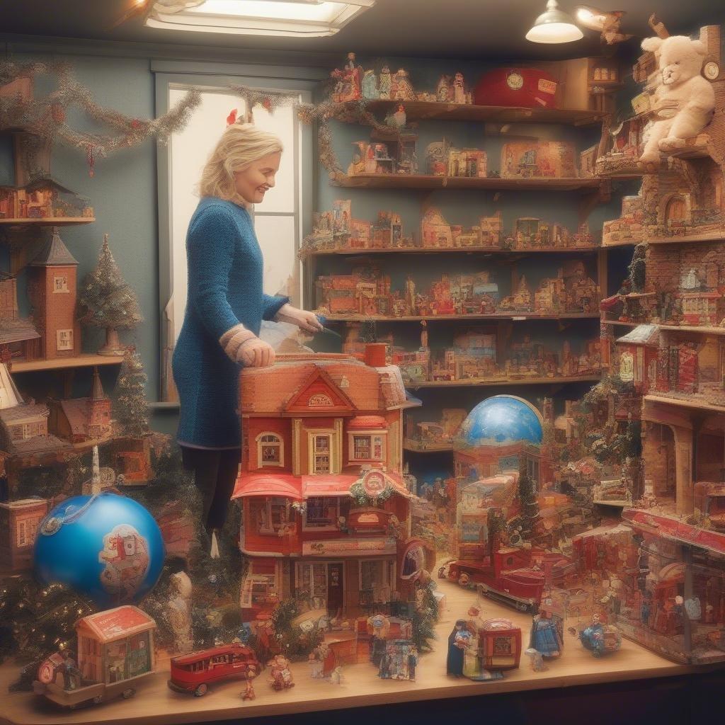 Mujer con suéter azul trabajando en una detallada aldea en miniatura, con una variedad de casas, árboles, adornos y decoraciones con temática navideña. Un encantador fondo de pantalla festivo para escritorio o móvil.