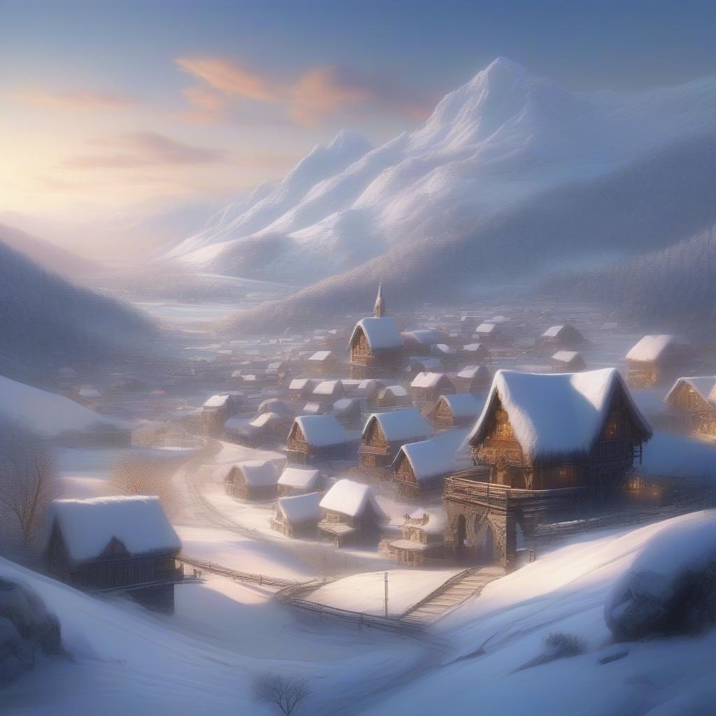 This captivating winter scene showcases the serene beauty of a Norwegian mountain village blanketed in snow. The golden hues of the sun's reflection off the snow create a warm contrast against the cool tones of the surrounding landscape.