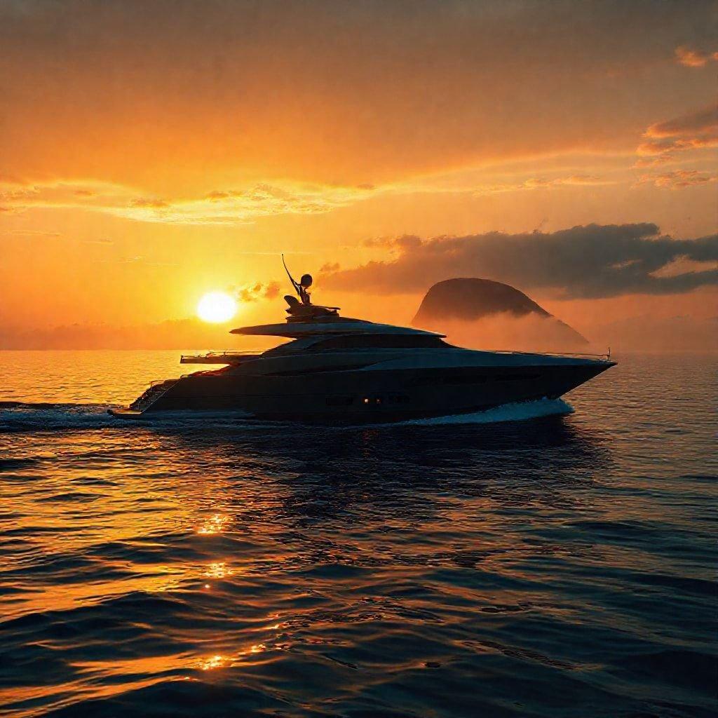 This image captures the essence of luxury and elegance, featuring a sleek yacht gliding across the calm waters as the sun sets in the background. The warm hues of the sky and the gentle ripples on the water create a serene atmosphere, inviting the viewer to experience the tranquility and sophistication of this moment.