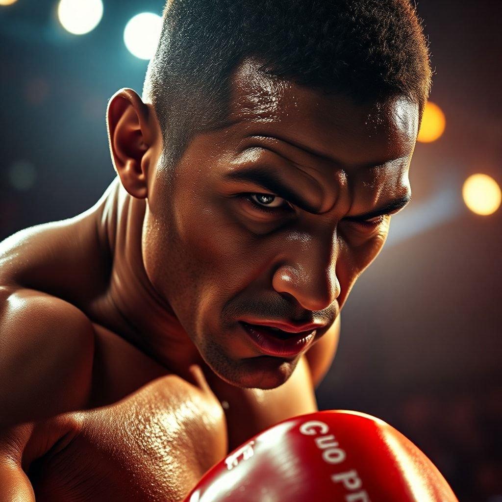 A fighter's serious expression in the ring, embodying the spirit of competition.