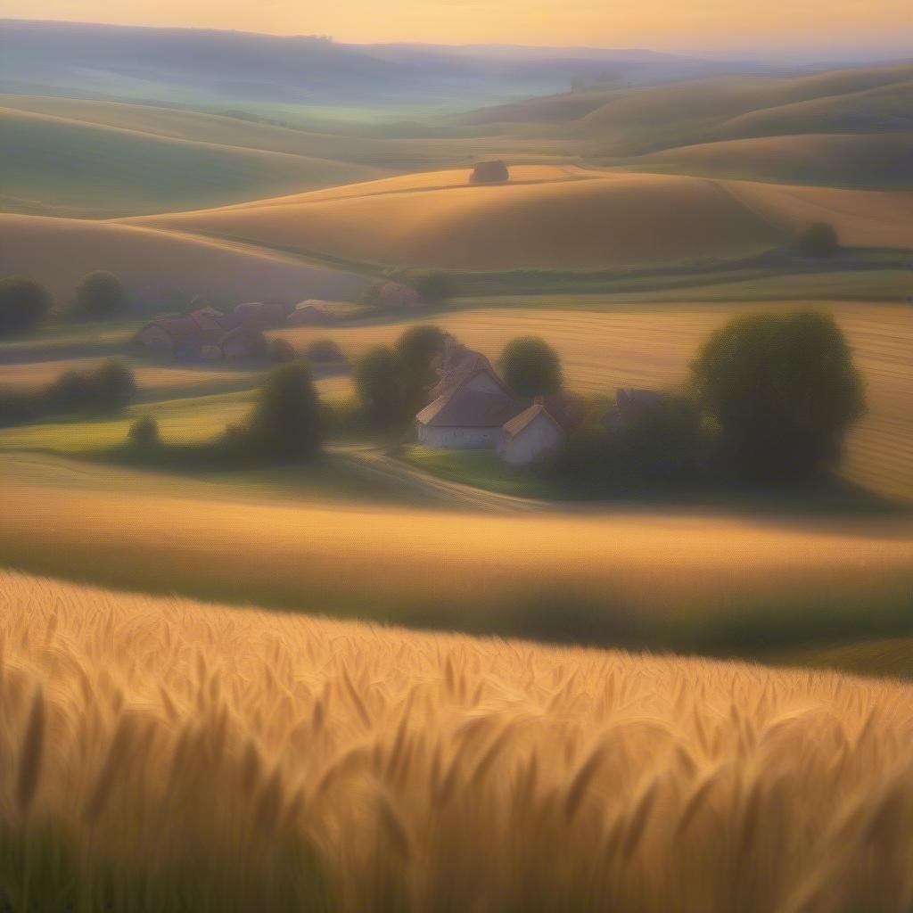 A serene landscape featuring golden wheat fields, rolling hills, and a few scattered trees and houses in the distance.