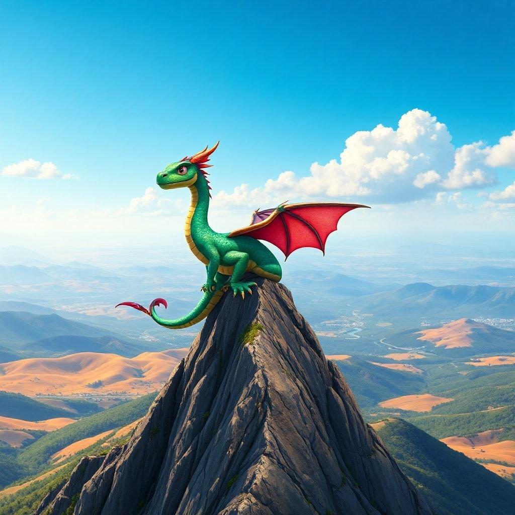 This image is a perfect representation of a cartoon dragon sitting on top of a mountain peak. The dragon is green with yellow accents, and its wings are spread wide. It has a long tail and sharp claws. The mountain peak is rocky and steep, with a few trees and bushes scattered around. The sky is blue with a few white clouds. The overall atmosphere of the image is one of adventure and fantasy.