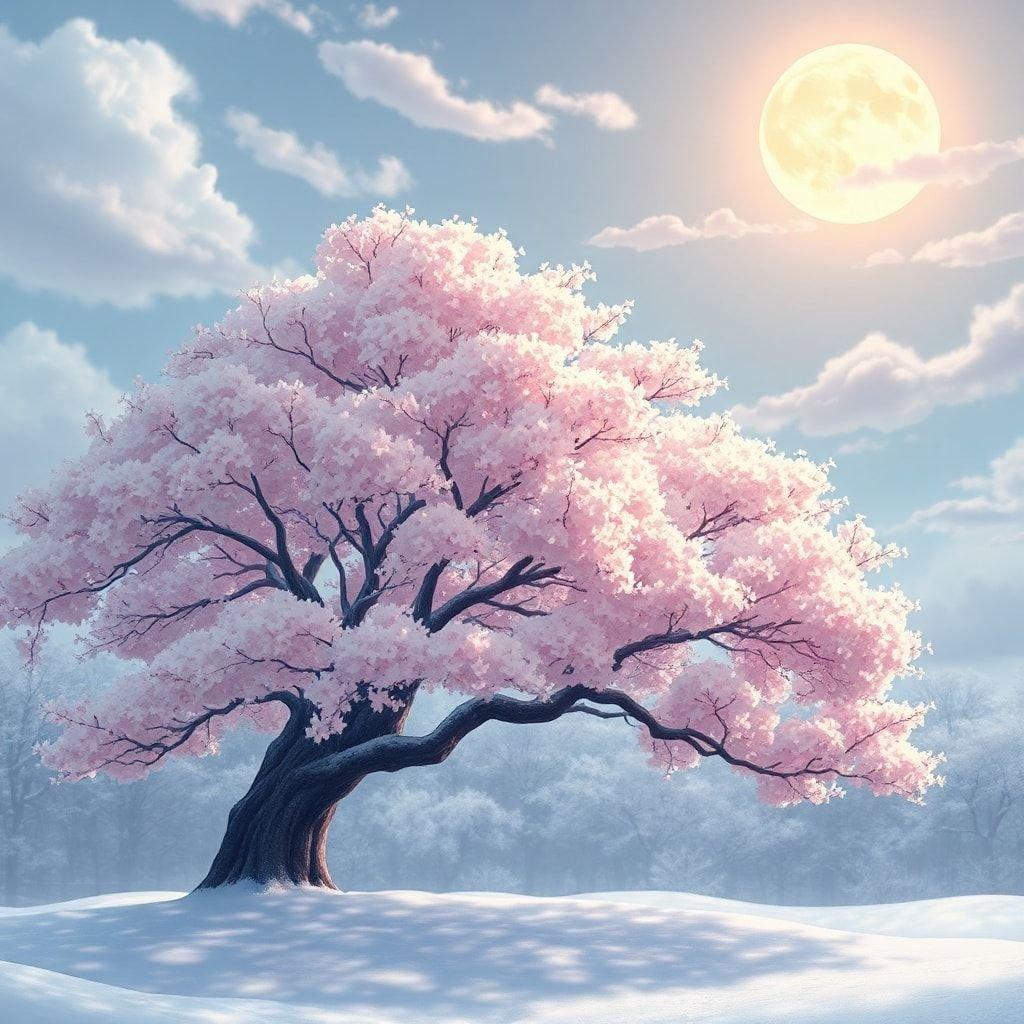 A majestic cherry blossom tree stands tall in a forest of soft snow, illuminated by the warm light of the moon.