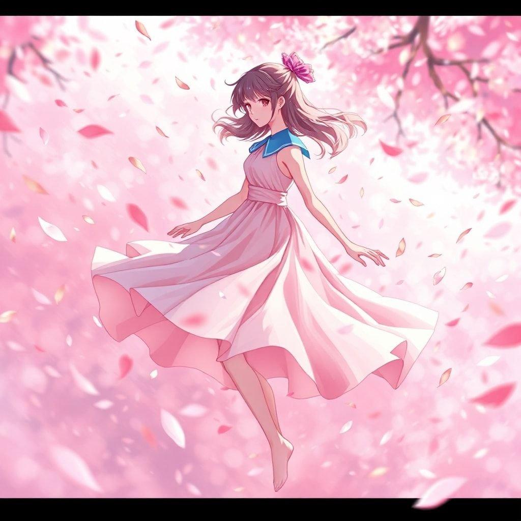 A charming scene unfolds as a young girl, enveloped in a soft pink dress with white accents, seems to be dancing amidst a sea of fallen petals. Her elegant figure is complemented by a blue collar, adding an air of mystery. The blurred backdrop of pinks and purples adds depth to the image, while the focus remains on her, conveying a sense of graceful movement.