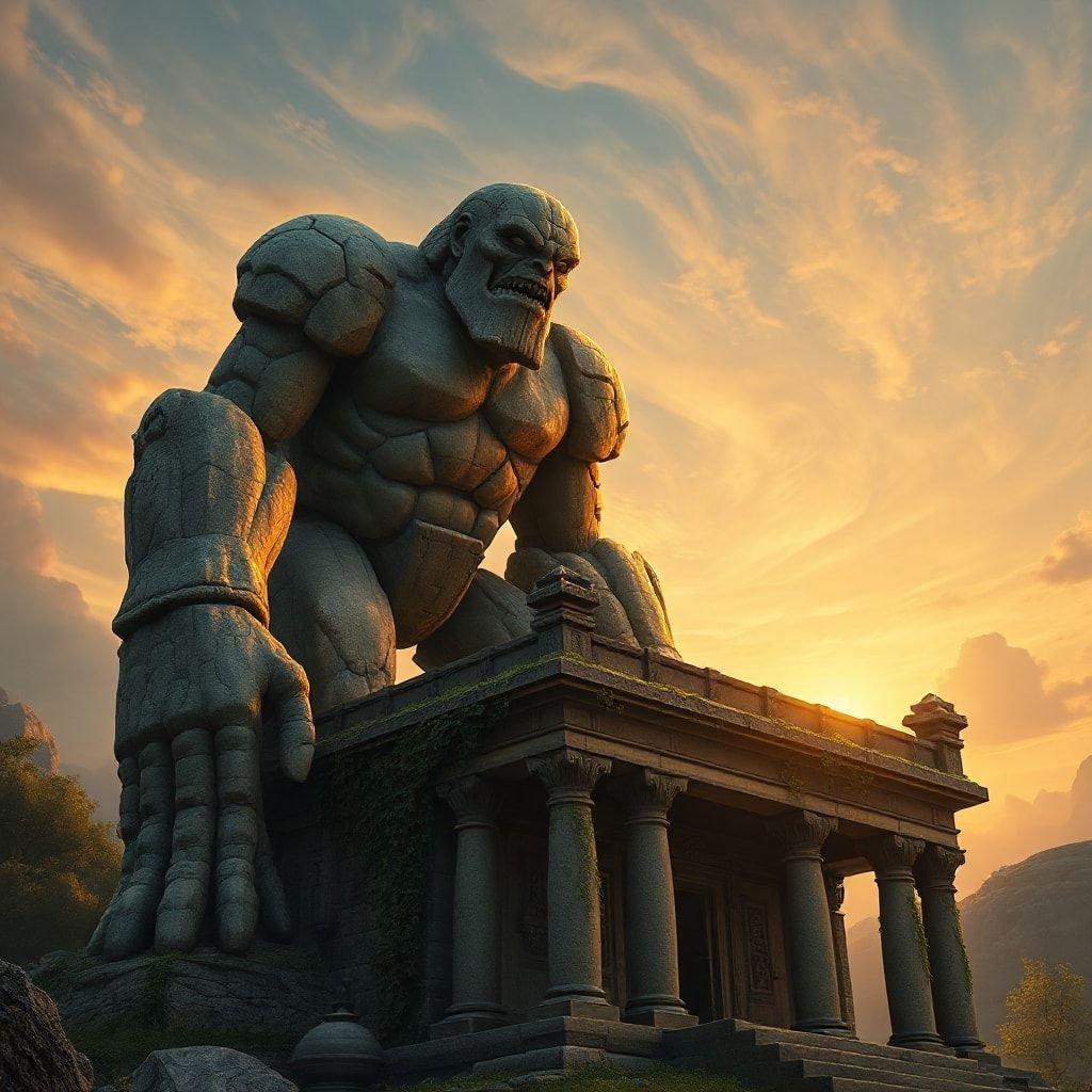 Lass deiner Fantasie freien Lauf mit diesem epischen Fantasy-Hintergrundbild, das eine imposante riesige Statue zeigt, die auf einem Tempel steht, vor dem Hintergrund eines atemberaubenden Sonnenuntergangs. Perfekt für Desktop- und Mobilbildschirme.