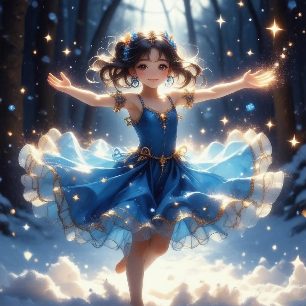 Experience the enchantment of this anime-inspired magical scene, where a young girl dances with her arms outstretched, surrounded by sparkling stars and confetti, set against a dark background.