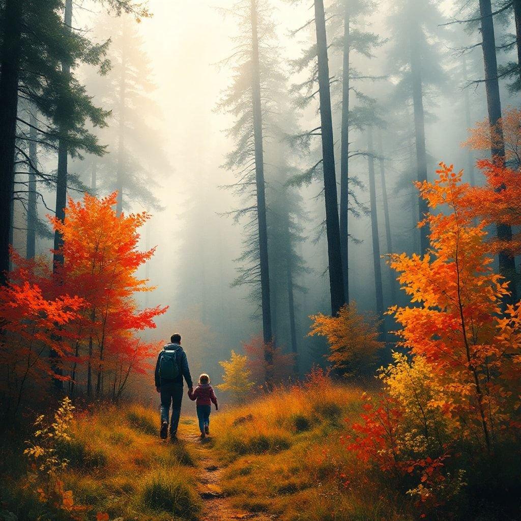 A peaceful forest scene featuring a man and a child walking hand in hand, surrounded by the beauty of nature.