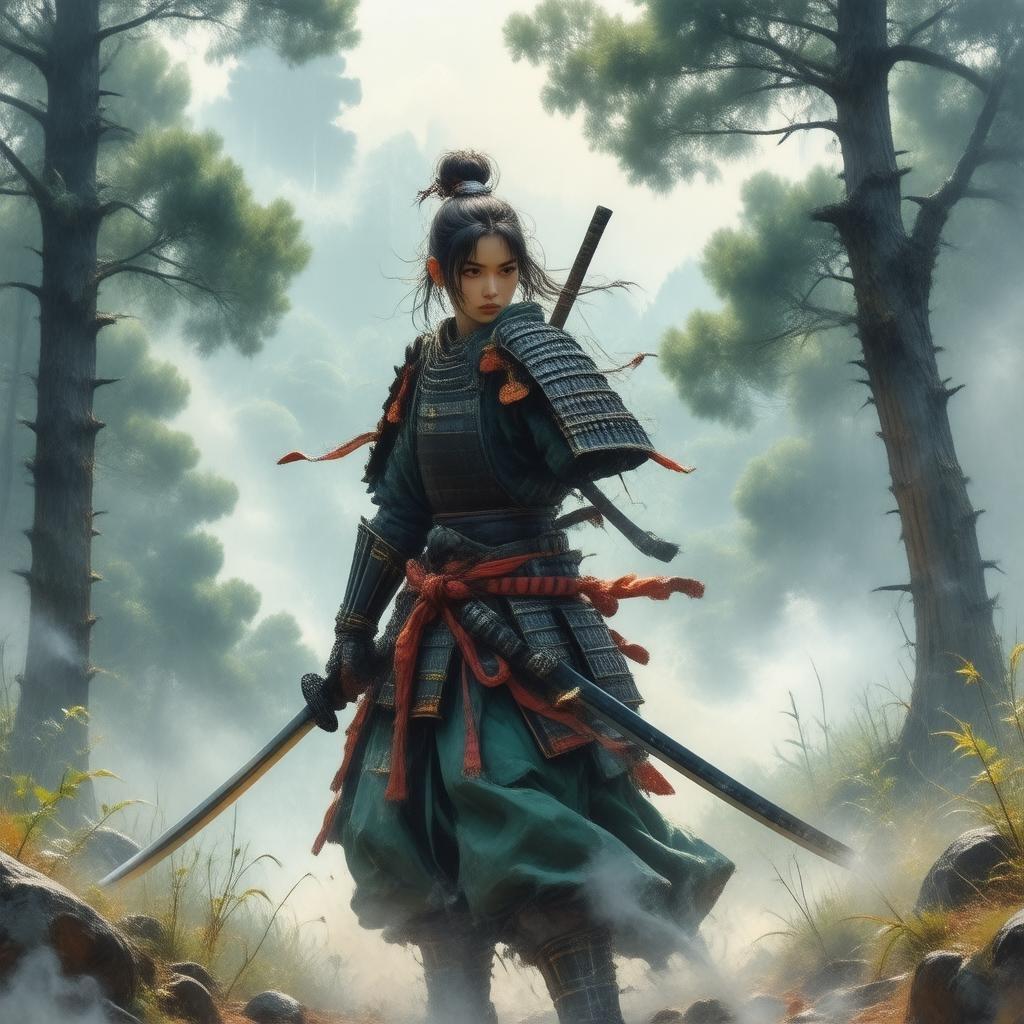 Experience the intensity of a fierce samurai warrior in this captivating anime-style illustration. Set against a misty forest backdrop, the warrior's fierce expression is the focal point of the image. The detailed sword and shield add to the realism, making this a must-have for any anime fan.