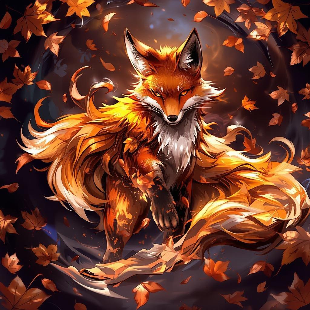 Immerse yourself in the enchanting world of anime with this captivating digital illustration of a fox spirit, set against a dark background and surrounded by swirling autumn leaves.