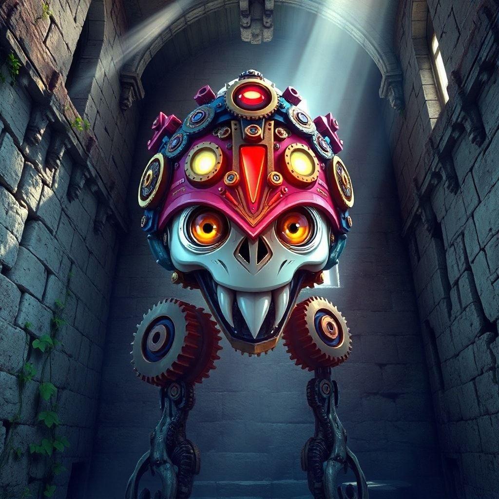 Immerse yourself in the world of anime with this captivating wallpaper featuring a fantastical creature crafted from intricate gears and cogs, set against the backdrop of an ancient castle.