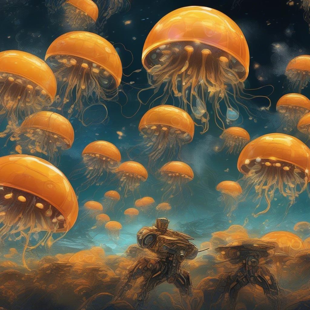 Explore a futuristic underwater world where a powerful mecha faces off against an intriguing swarm of glowing jellyfish. The scene is set against the backdrop of the deep sea, with the vibrant orange and yellow bodies of the jellyfish creating a mesmerizing spectacle. Amidst this fantastical display, the resilience of the mecha stands out as it navigates the challenging environment and battles the ethereal creatures.