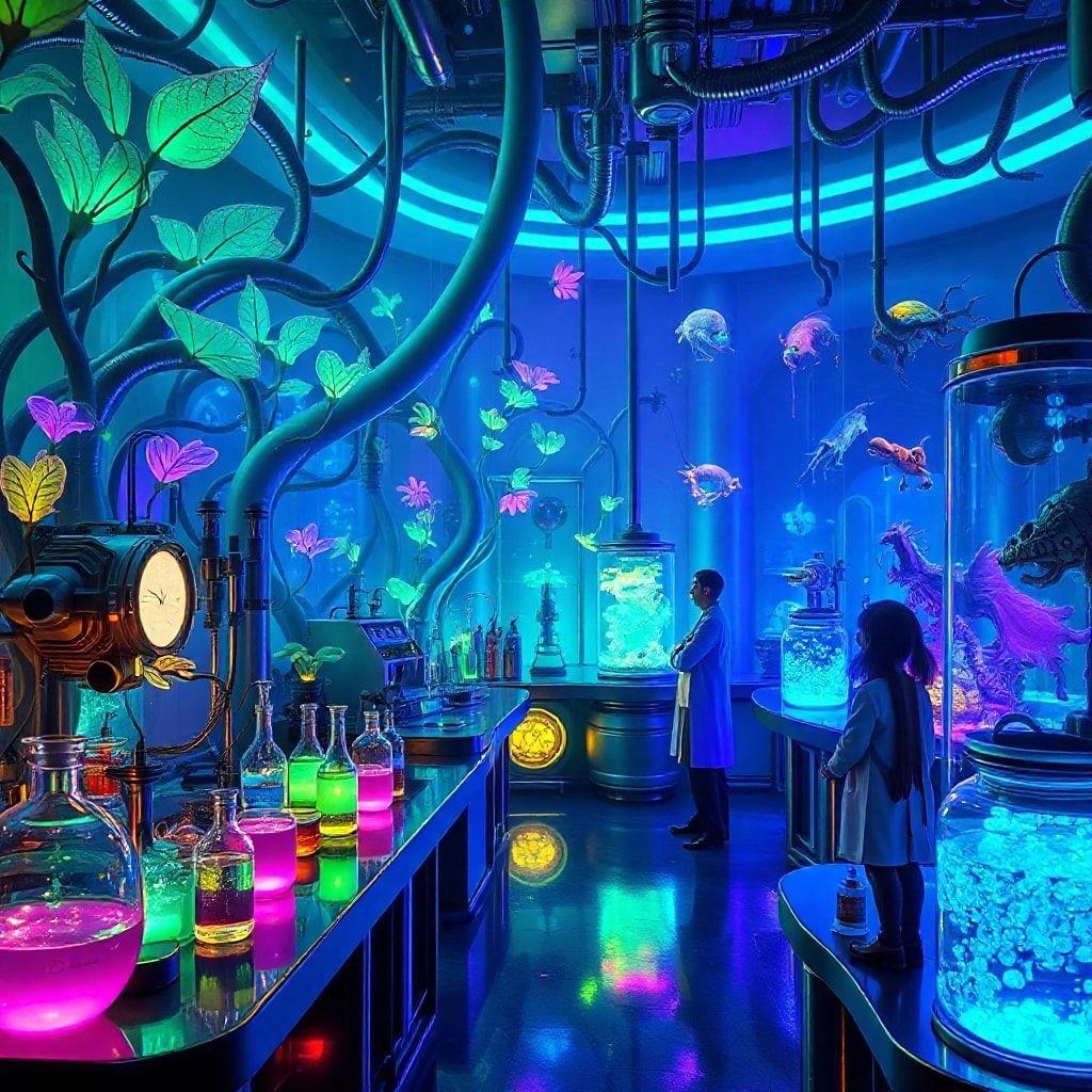 In this fantastical scene, an underwater laboratory bustles with life. A scientist stands amidst a variety of sea creatures in clear tanks, the lab alive with vibrant lights and an array of colorful chemicals.