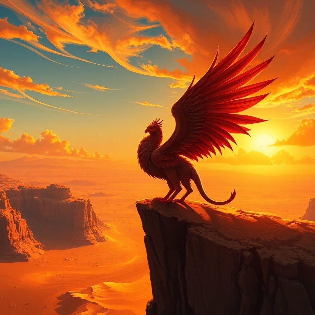 A stunning view of a majestic griffin perched on a rocky outcrop, basking in the warmth of a sunset. The skyline is dotted with silhouettes of canyons and mountains under a soft orange glow.