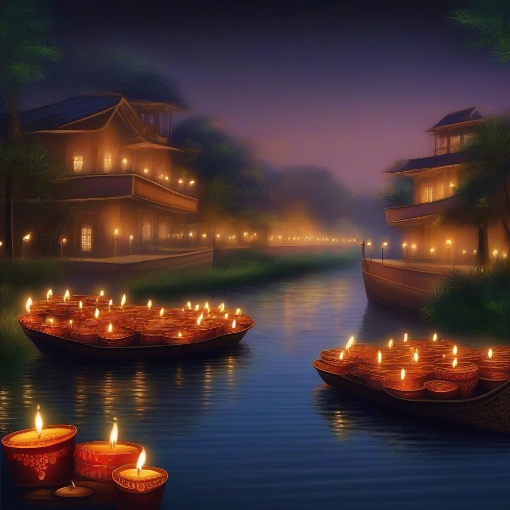 A beautiful scene of a Diwali celebration by the river, with rows of colorfully lit boats and traditional houses in the background.