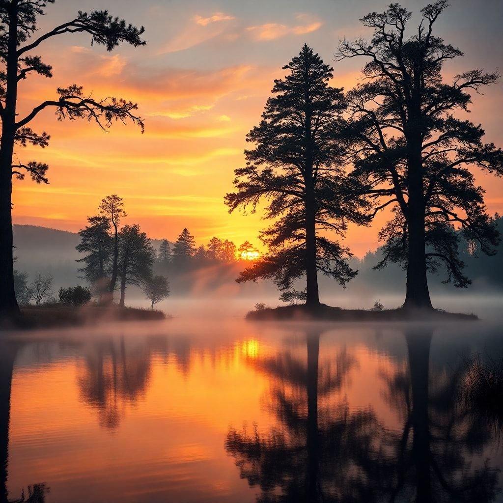 A serene sunset scene over a tranquil lake, with the skyline reflected in the still water and towering trees on either side.