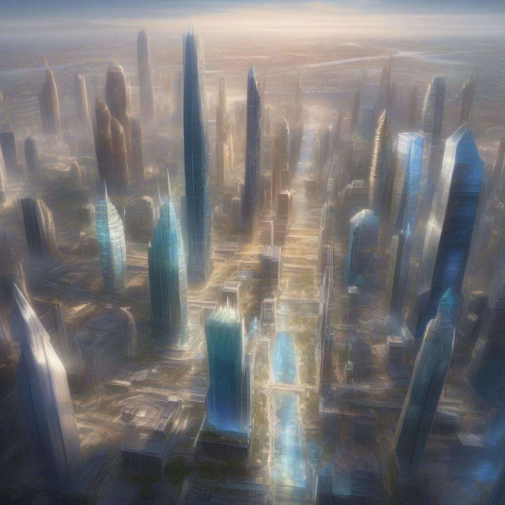 Uno skyline urbano futuristico, dove i grattacieli si ergono in armonia con l'ambiente.