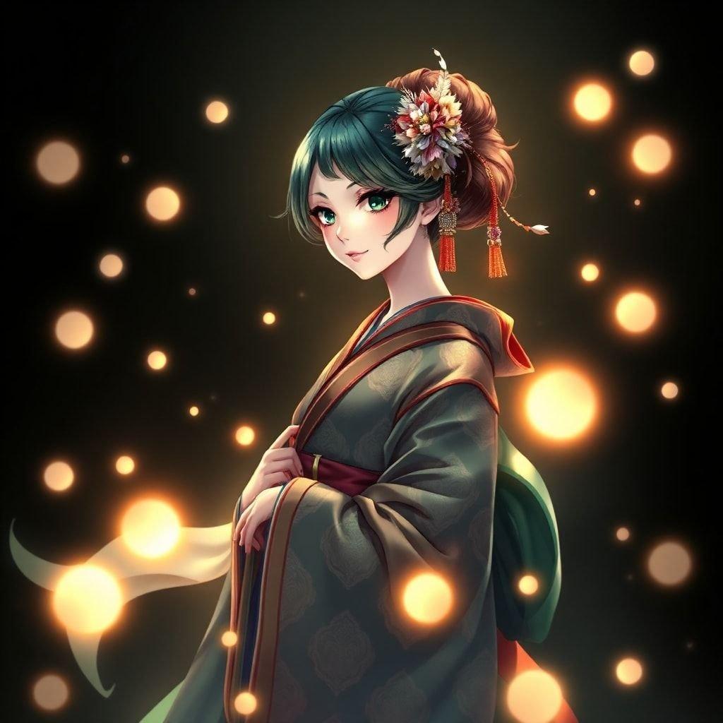 Denna fantastiska anime-stil illustration visar en geisha omgiven av svävande ljusorber, vilket skapar en fängslande och lugn atmosfär.