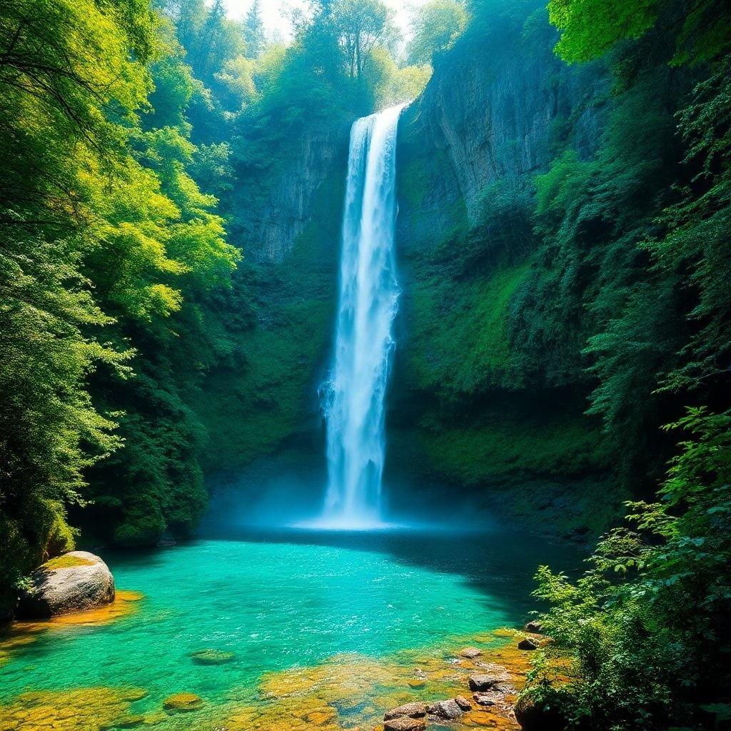 Experience the serene beauty of a cascading waterfall surrounded by lush greenery, with a vibrant blue river flowing through it. This breathtaking scene is perfect for desktop and mobile backgrounds under the Nature category.