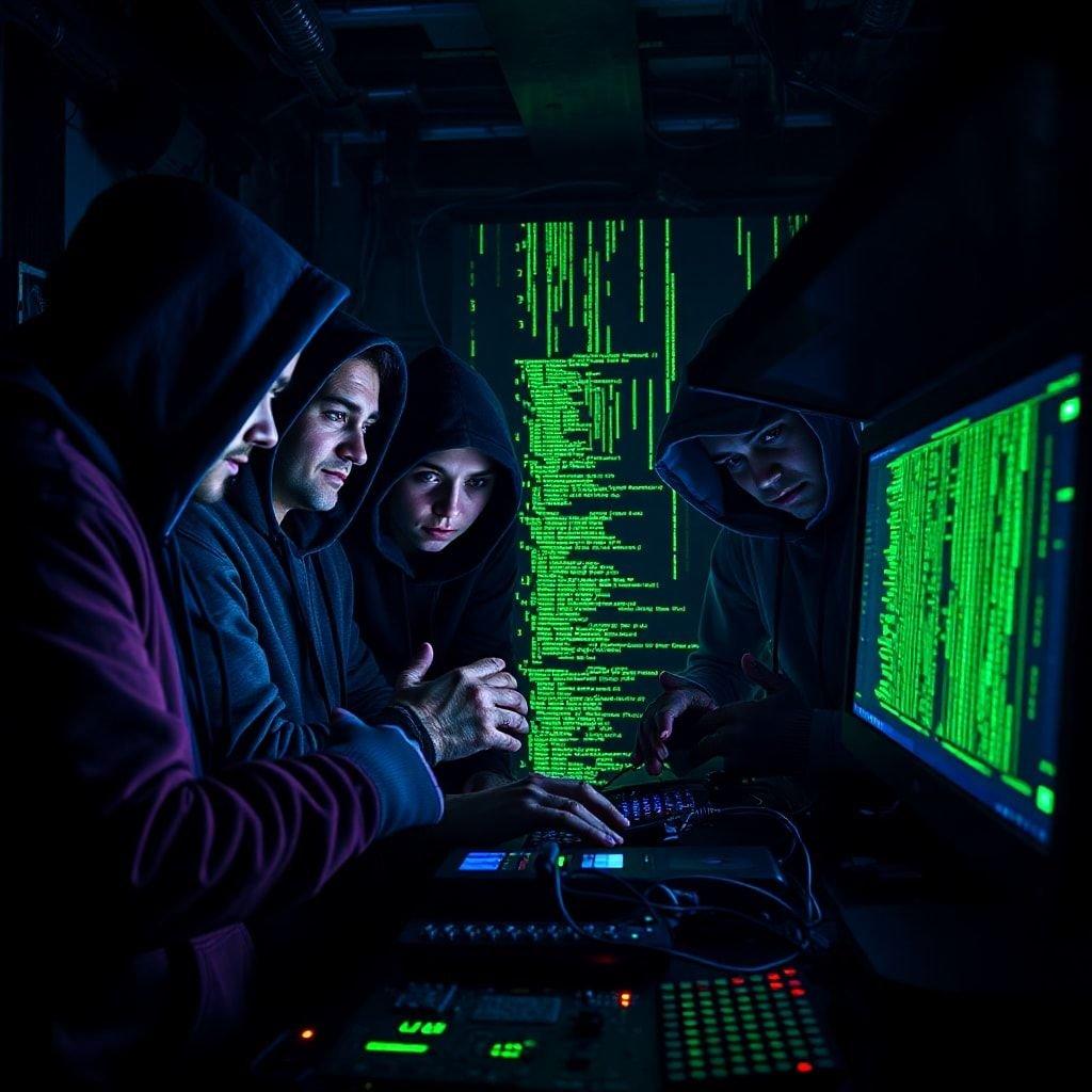 This image depicts a group of hackers working on a computer, surrounded by lines of code on the screen. The dark and ominous atmosphere suggests a sense of intensity and focus, as the hackers work together to achieve their goals.