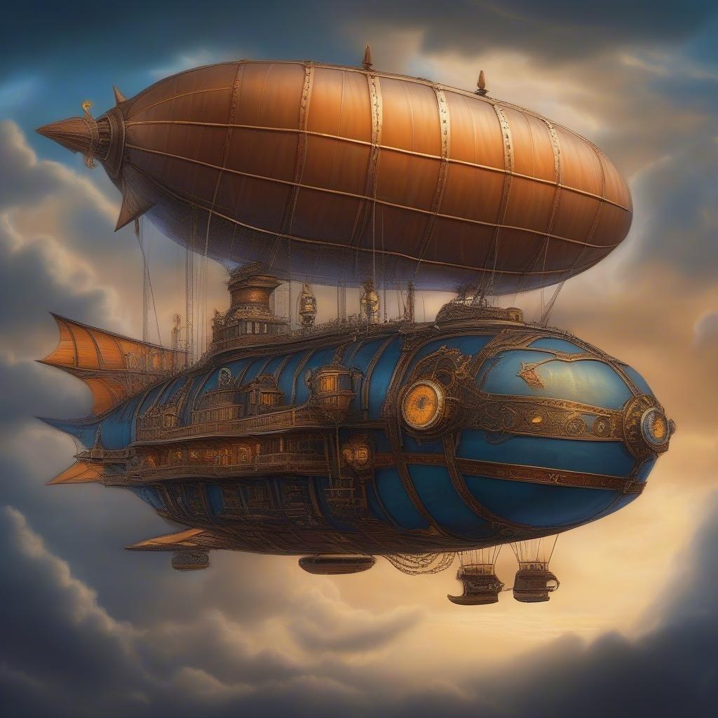 Denna fantastiska bakgrundsbild visar ett steampunk-inspirerat luftskepp som svävar genom en dramatisk stormig himmel. Luftskeppets unika design, med sin ljusa orange nos och svans samt mörkblå kropp, skapar en slående visuell effekt. Blixtarna som belyser den övre delen av luftskeppet lägger till ett extra lager av drama till scenen. Bakgrunden i bilden är en mörk, hotfull, molnig himmel som kompletterar luftskeppets design perfekt. Denna bakgrundsbild är perfekt för alla som älskar steampunk- eller sci-fi-teman och vill lägga till en touch av äventyr till sin dator eller mobila enhet.