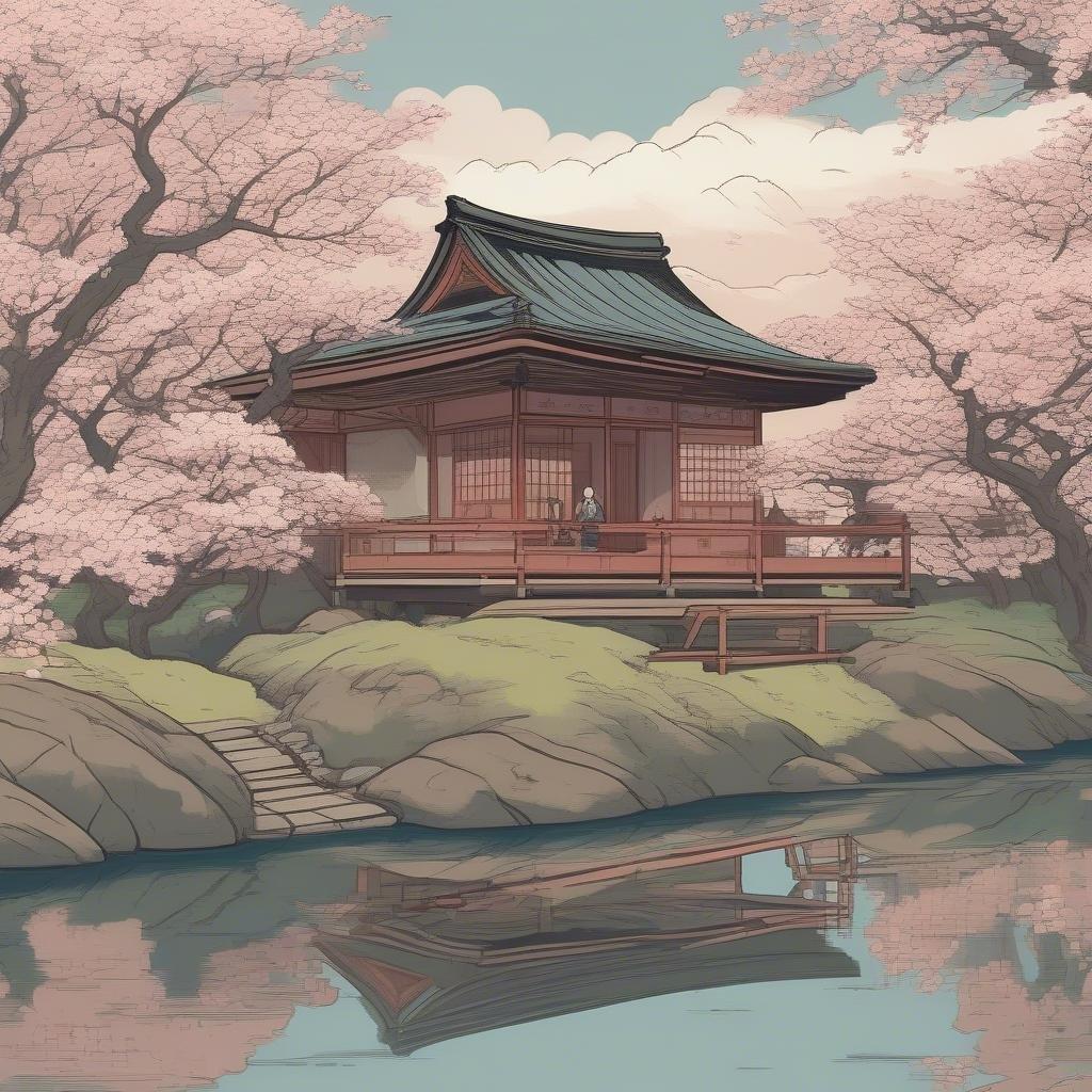 A stunning wallpaper featuring a traditional Japanese building surrounded by blooming cherry blossom trees, creating a peaceful and serene atmosphere.