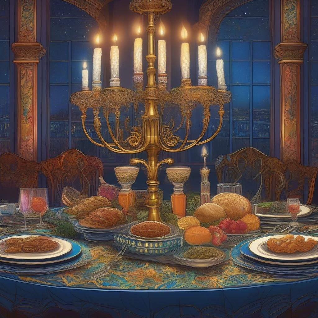 This beautiful Hanukkah table setting is perfect for adding a touch of tradition and festivity to your holiday celebrations. The gold menorah takes center stage, surrounded by a variety of delicious foods and drinks.